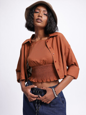 Glitchez Casual Solid Women Brown Top