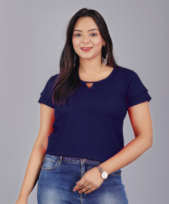 MK3A Casual Solid Women Blue Top