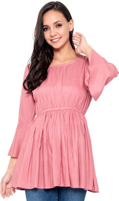 SUBH LAXMI Casual Bell Sleeve Solid Women Pink Top