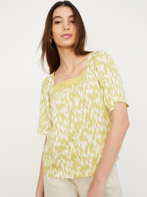 MAX Casual Printed Women Light Green, White Top