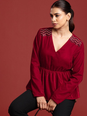 all about you Casual Solid Women Maroon Top