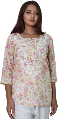 myplusfashion Casual Floral Print Women Pink, White Top