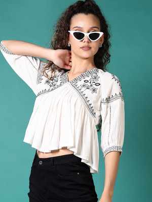 V-MART Casual Embroidered Women White Top