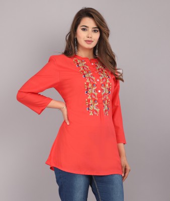 APPISHOPY Casual Embroidered Women Orange Top