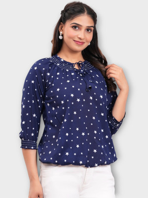 Pittra4ever Casual Printed Women Dark Blue Top