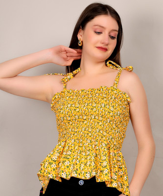 KADNO FASHION Casual Floral Print Women Yellow Top