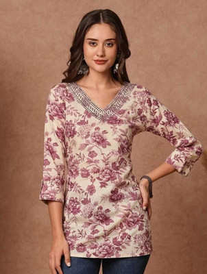 NIVEDANAM Women Floral Print Straight Kurta(Pink, Beige)