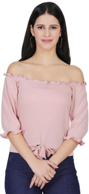CLOTHINK India Casual Solid Women Pink Top