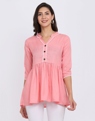 HANUMNTRA Casual Half Sleeve Solid Women Pink Top
