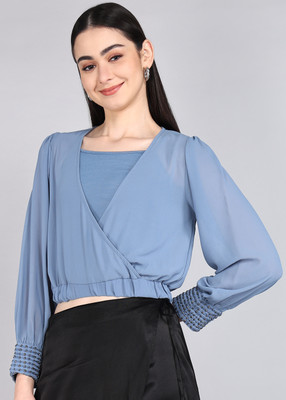 MADAME Casual Solid Women Light Blue Top