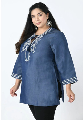 VAAMII Casual Embroidered Women Blue Top