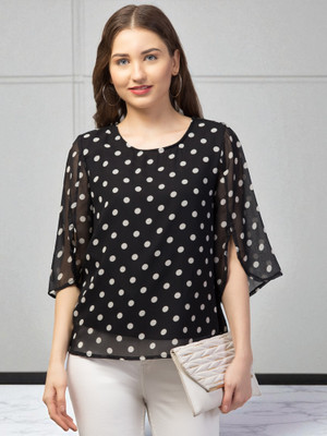 Elavia Casual Polka Print Women Black Top