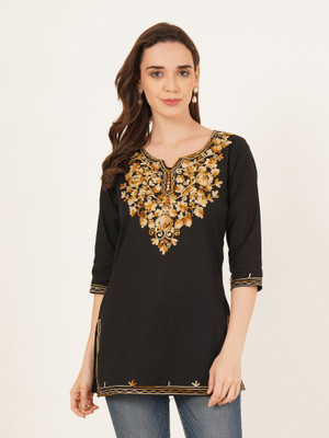 Miss Peach Women Embroidered A-line Kurta(Black)