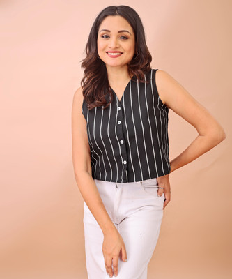FashFun Formal 3/4 Sleeve Striped Women Black Top