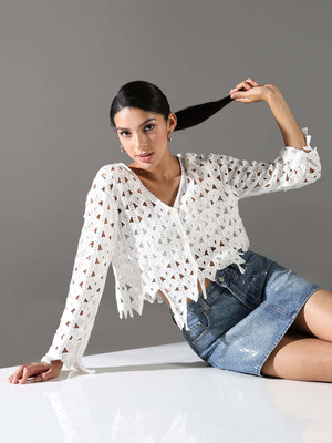 SHOWOFFFF Casual Self Design Women White Top