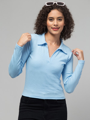 Alveen Empire Casual Self Design Women Blue Top