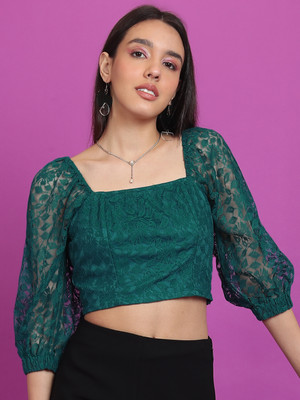 Tokyo Talkies Casual Self Design Women Dark Green Top