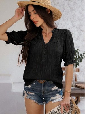 OUTZIDR Casual Self Design Women Black Top
