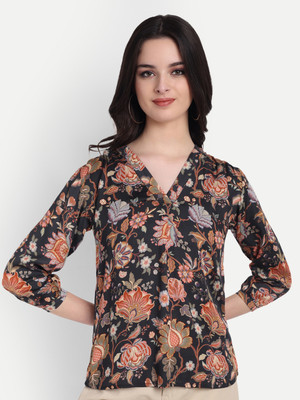 FairLeaf Casual Floral Print Women Black Top