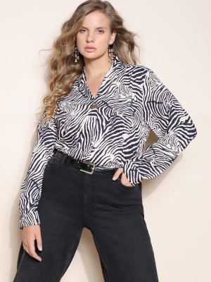 Vero Moda Curve Casual Animal Print Women Black, White Top