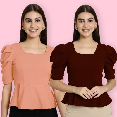 Tromko Casual Solid, Color Block Women Maroon, Orange Top