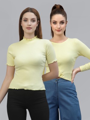 FRISKERS Casual Self Design Women Yellow Top