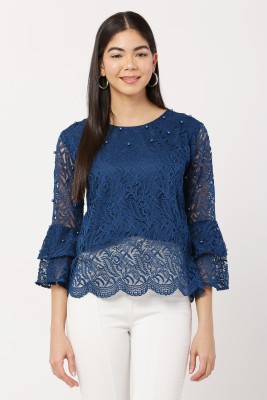 MUMRAA Casual 3/4 Sleeve Self Design Women Dark Blue Top