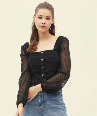 HARPA Casual Solid Women Black Top