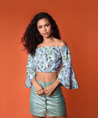 Chimpaaanzee Casual Bell Sleeve Floral Print Women Blue Top