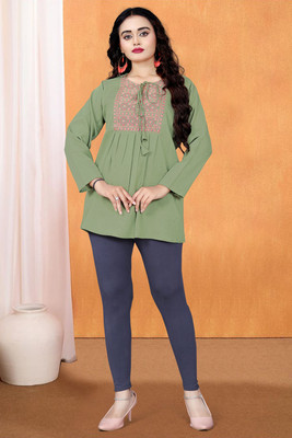 MAPRI Casual Embroidered Women Green Top