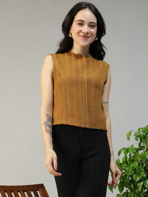 The Style Punk Casual Striped Women Brown Top