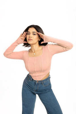 OMAYA Casual Solid Women Pink Top