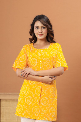 Vivan Enterprises Women Geometric Print A-line Kurta(Yellow, White)