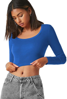 THE BLAZZE Casual Solid Women Dark Blue Top