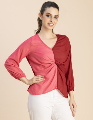 moomaya Casual Color Block Women Pink, Red Top