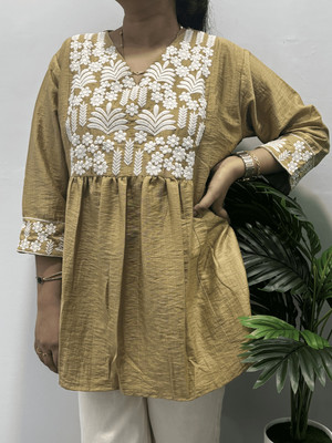 Nyha Luxe Casual Embroidered Women Beige Top