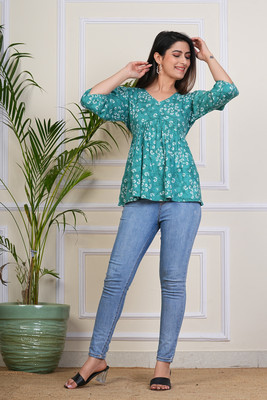 Nefies Casual Printed Women Light Green Top