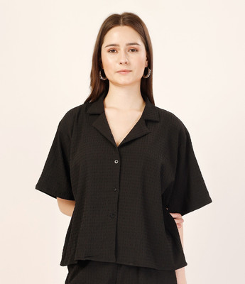 FashFun Casual 3/4 Sleeve Solid Women Black Top