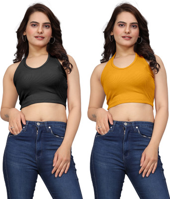 GRIVAAMBALIYA Party Solid Women Black, Yellow Top