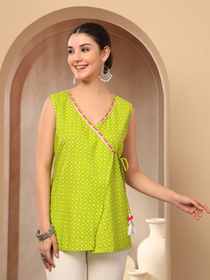 FABRIC FITOOR Casual Polka Print Women Green Top