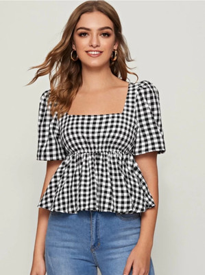 Meesan Casual Checkered Women Black, White Top