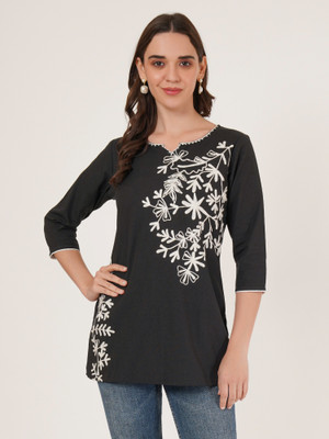 Miss Peach Women Embroidered A-line Kurta(Black)