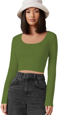 THE BLAZZE Casual Solid Women Dark Green Top
