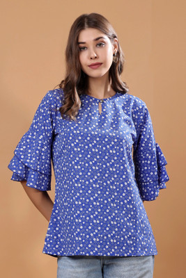 Kaina Creations Casual 3/4 Sleeve Printed Women Blue Top