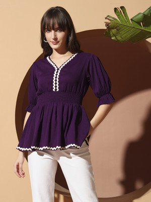 LookShine Casual Solid Women Purple Top