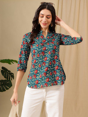 Janakdulari Creation Party Printed Women Green Top
