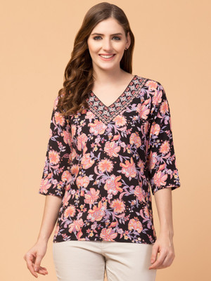 Hive91 Casual Floral Print Women Black Top