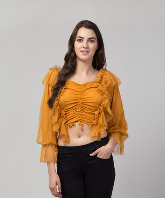FASHIONZILLA Casual 3/4 Sleeve Solid Women Yellow Top