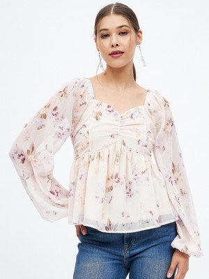 HARPA Casual Floral Print Women White Top