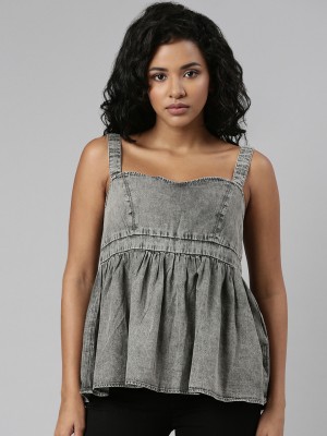 Showoff Casual Solid Women Grey Top